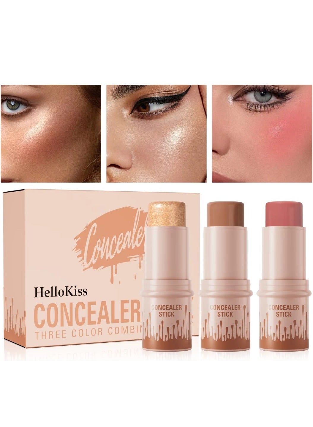 Concealer Stick Three Color Combination Set Highlight Contour and Blush Makeup Stick Set Cream Contour Concealer Stick Set Contour Highlighter Blusher Makeup Stick Soft Texture Skin Highlight Easy Makeup Stick SET B