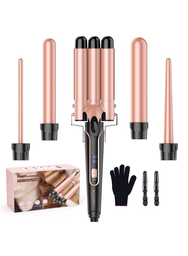 Waver Curling Iron Wand, BESTOPE PRO 5 in 1 Curling Wand Set with 3 Barrel Hair Crimper for Women, Fast Heating Hair Wand Curler in All Hair Type