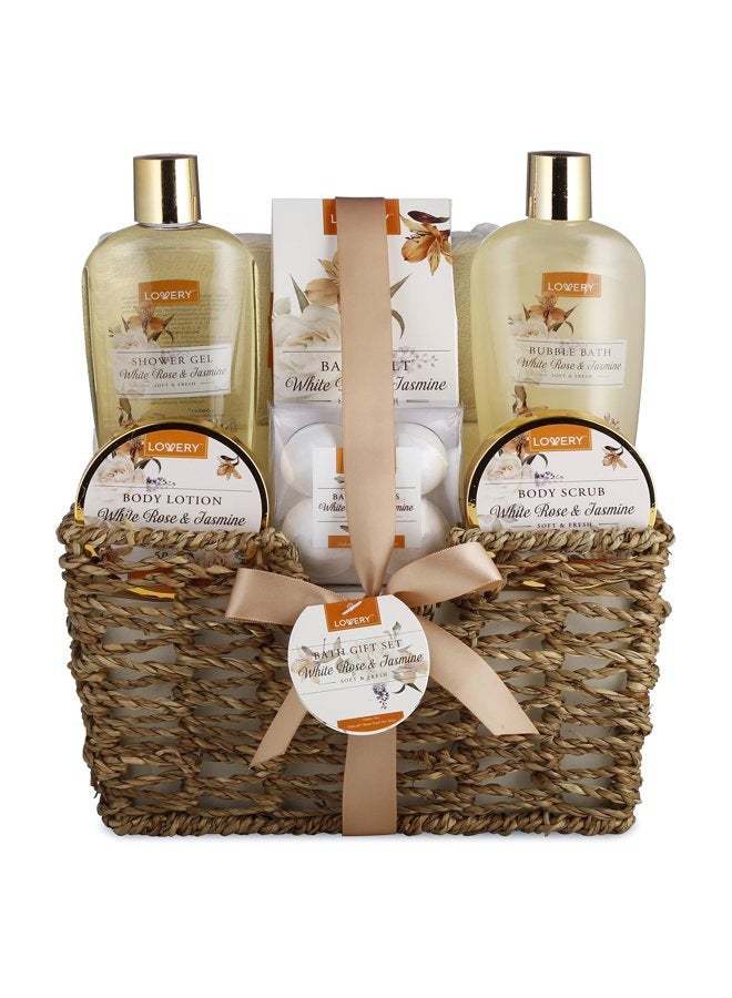 Home Spa Gift Basket - White Rose & Jasmine - Luxurious 11pc Bath & Body Set For Men & Women, Contains Shower Gel, Bubble Bath, Body Lotion, Scrub, Bath Salt, 4 Bath Bombs, Loofah & Basket