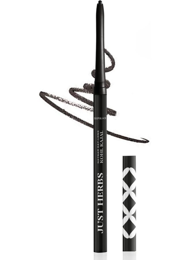 Just Herbs 2-in-1 Retractable Eyeliner + Kajal | 11-Hour Smudge-Proof Stay | Infused with Almond Oil & Vitamin E | Single-Stroke Application | Deep Black | 0.3g