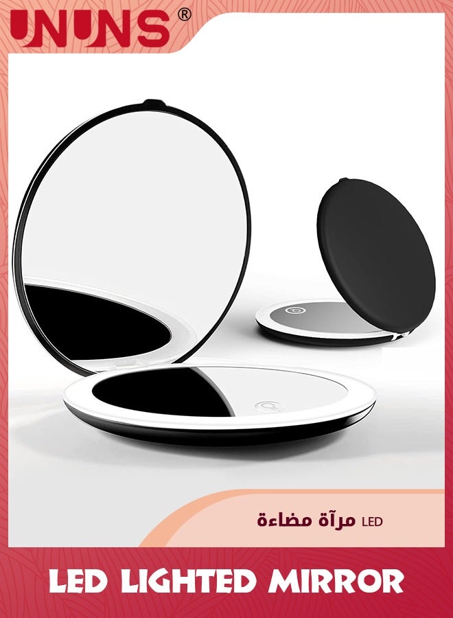 LED Lighted Mirror,1X/10X Magnification Compact Mirror Travel Makeup Mirror,Illuminated Folding Mirror,Handheld 2-Sided Mirror,Portable Folding Mirror For Pocket,Black