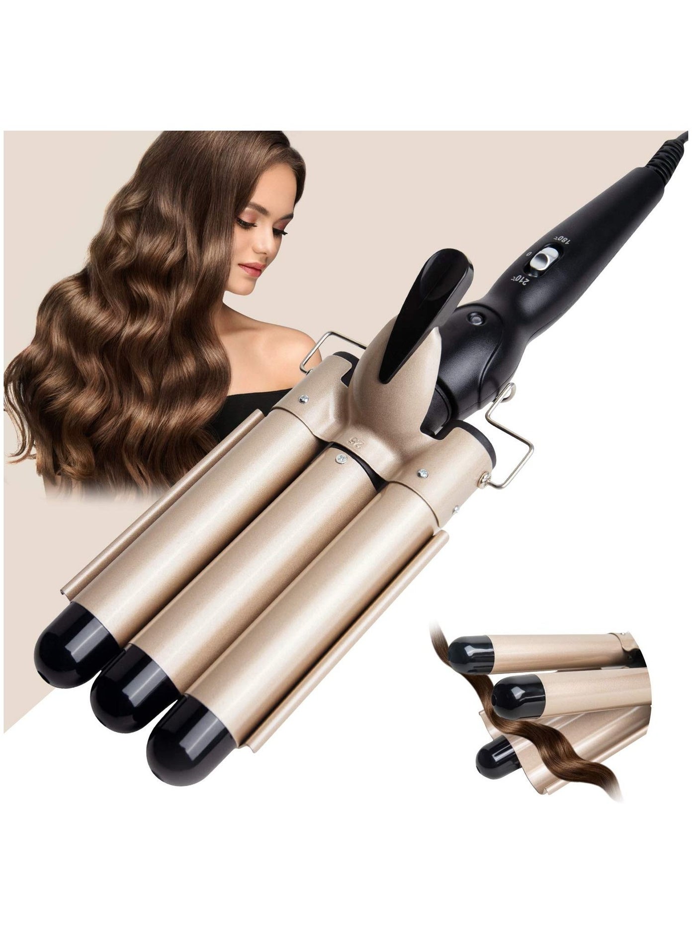 3 Barrel Curling Iron Wand - Dual Voltage Temperature Adjustable 25mm Hair Crimper,1 Inch Ceramic Tourmaline Triple Barrels,Hair Waving Styling Tools, Gold