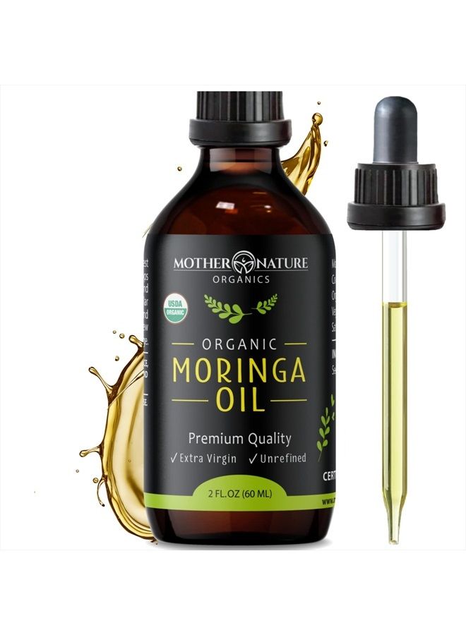 Moringa Oil Organic USDA Certified Cold Pressed, 100% Pure Carrier Oil For Hair, Face, Body, and Lip Lotion For Dry Skin, Natural Makeup Remover, Vitamin C Serum, 2 Ounce Glass Bottle with Dropper