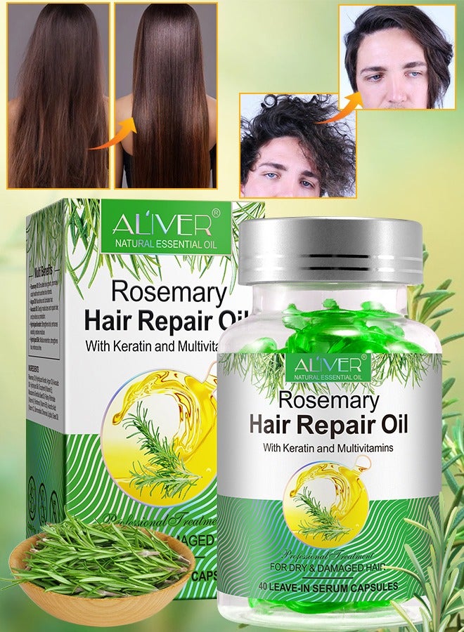 40 Pcs Rosemary Hair Repair Oil Capsules Organic Rosemary Essential Oil with Keratin & Multivitamins Rosemary Hair Repair Oil Shines Nourishing Repair Dry & Damaged Hair Treatment Leave-In Serum