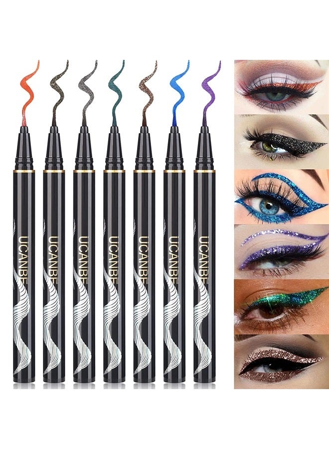 7 Colors Shimmer Liquid Eyeliner Makeup Set, Metallic Satin Finish Colorful Sparkling Eye Liner Pen, Long Lasting High Pigmented with Waterproof & Smudge Proof Formula