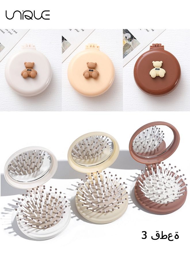 3 Pack Mini Hair Brush with Mirror, Foldable Mirror Hair Brush Mini Pocket Travel Mirror Set Portable Hair Massage Comb（Three colors）