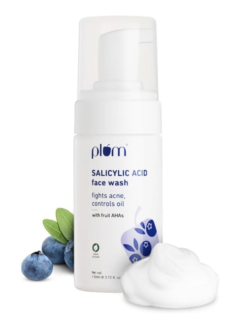 Plum 1% Encapsulated Salicylic Acid Foaming Face Wash with Glycolic Acid for Unisex, Fruit AHA's & Blueberry Extracts, Fights Acne, Blackheads & Breakouts, Sulphate-Free, 100% Vegan (Clear)(110ml)