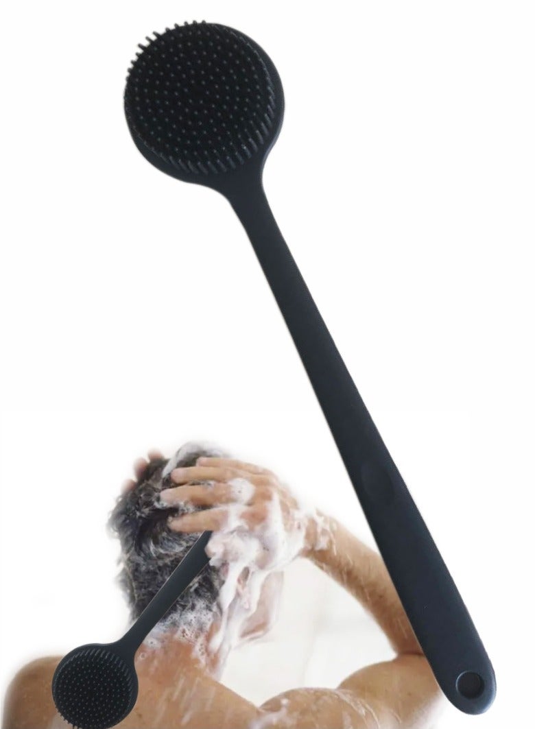 Back Scrubber Body Brush for Shower,Soft Silicone Bath Body Brush with Long Handle Double Sided Brush for Men Women Shower Exfoliating and Massage Black