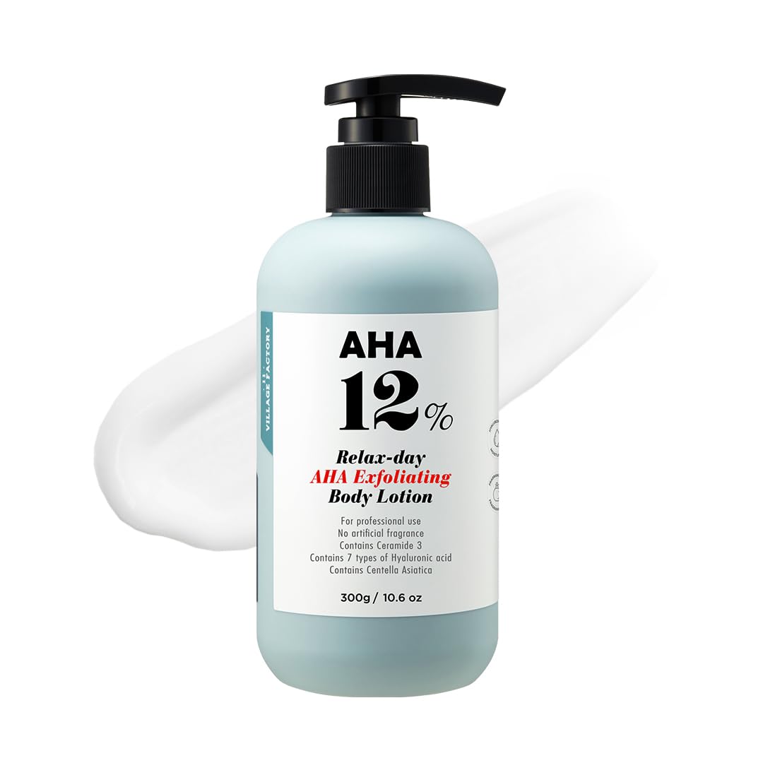 V11FACTORY AHA 12% Glycolic Acid Body Lotion â€“ Korean Exfoliating & Hydrating Body Cream with Hyaluronic Acid & Collagen â€“ Unscented, Paraben-Free Skin Smoothing Moisturizer, 10.6 oz