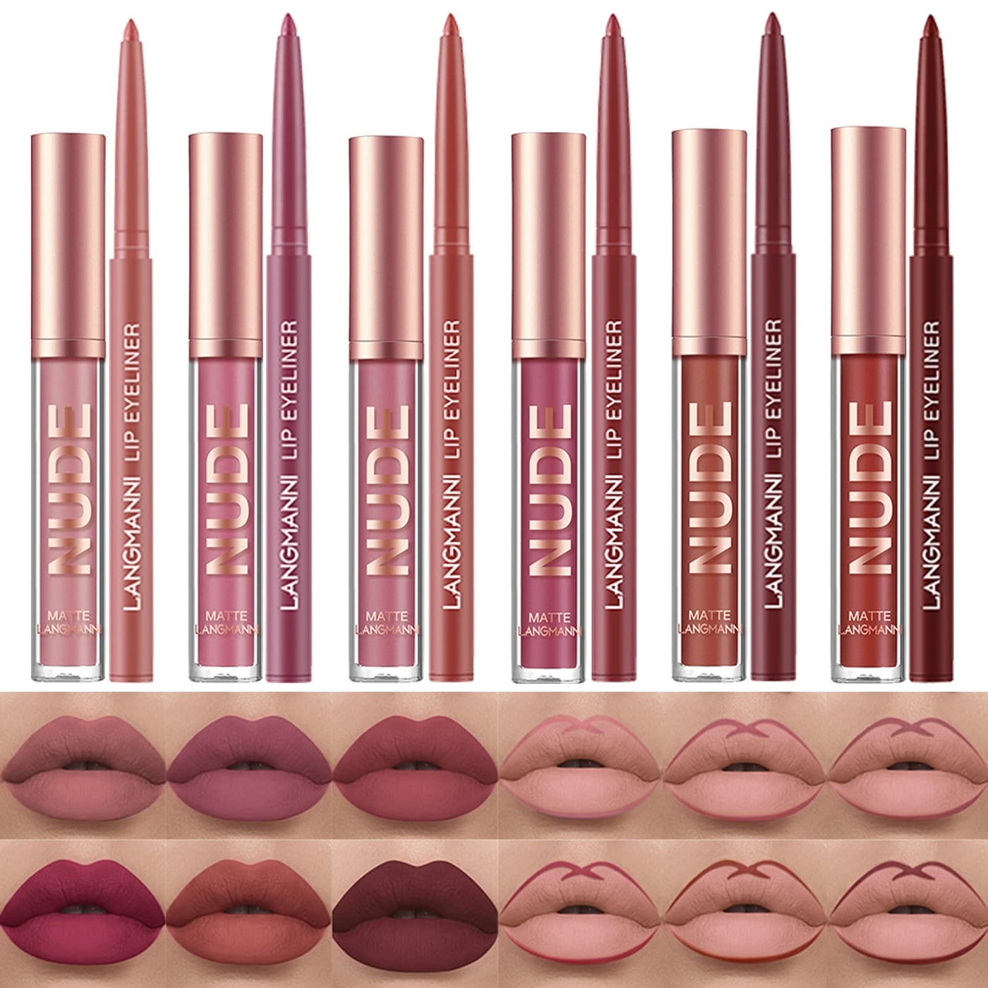 12Pcs Lip Liner and Lipstick Set, 6 Colors Matte Liquid Lip Sticks + 6 Matching Smooth Nude Lip Liner, All in One Waterproof Long Lasting Lip Gloss Lips Make-up Gift Set for Girls and Women