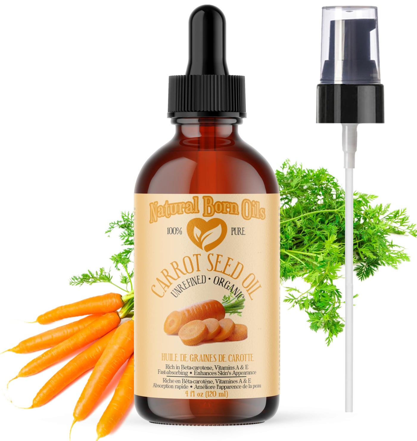 Natural Born Oils Carrot Seed Oil, 4oz, Organic, Cold-Pressed, Antioxidant-Rich, Perfect for Skin Revitalization, Hair Health