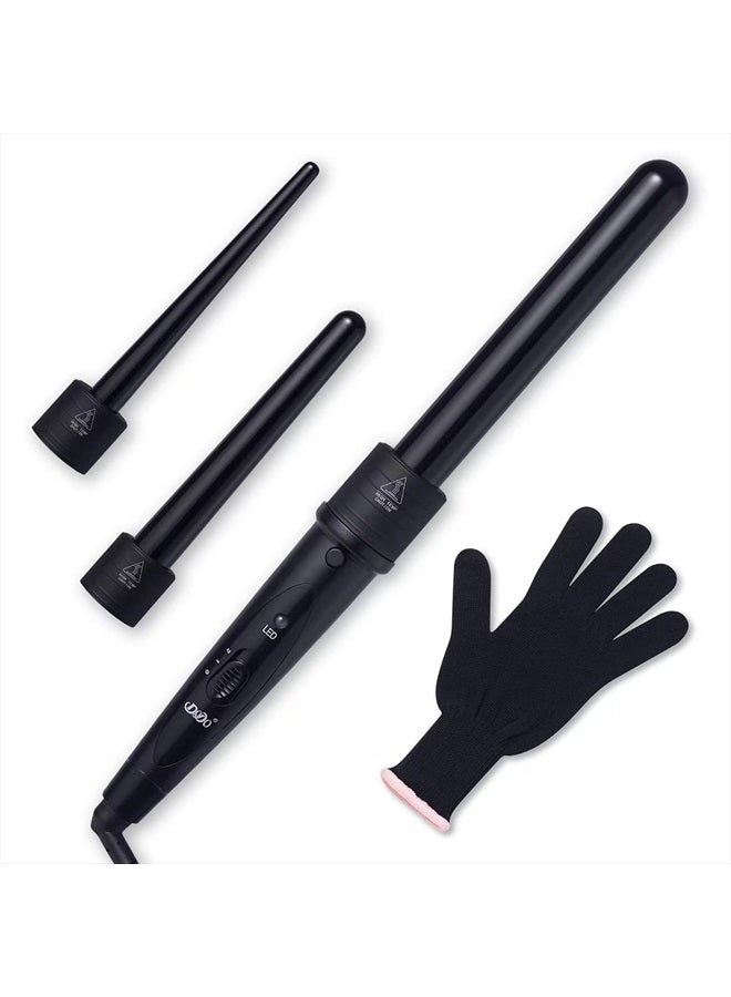 3 in 1 Curling Wand Set, Hair Curling Iron Set with 3 Interchangeable Curling Iron Ceramic Barrels with Heat Resistant Glove - Black