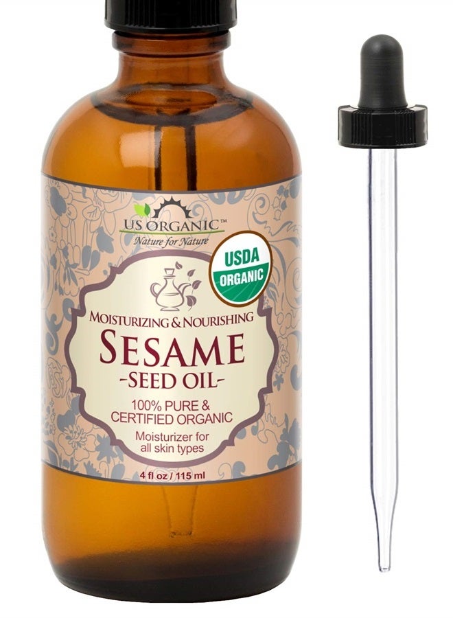 Sesame Seed Oil, USDA Certified Organic, Untoasted, Unrefined Virgin, 100% Pure & Natural, Cold Pressed, in Amber Glass Bottle w/Glass Eye dropper (4 oz (Large))