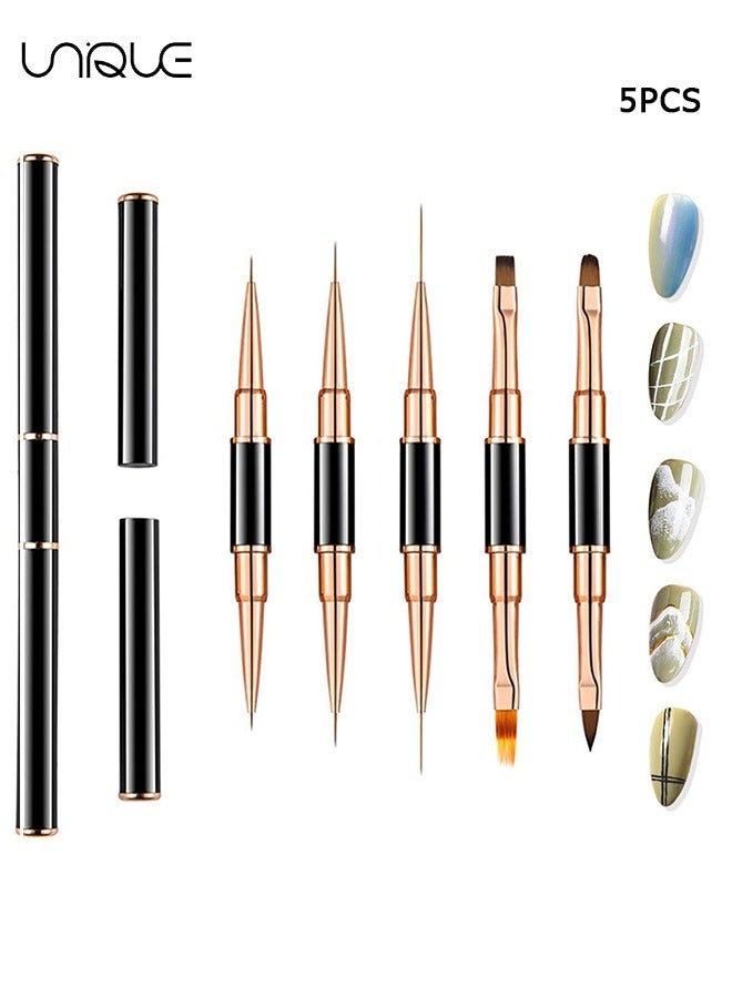 5Pcs Nail Art Brushes - Double Ended Nail Art Lines 3D Drawing Pen - Nail Cleaning Brushes - Builder Gel Brushes Nail Art Tools for Salon Home DIY Manicure - Double-headed Dual-use Pull Wire Painting Pen