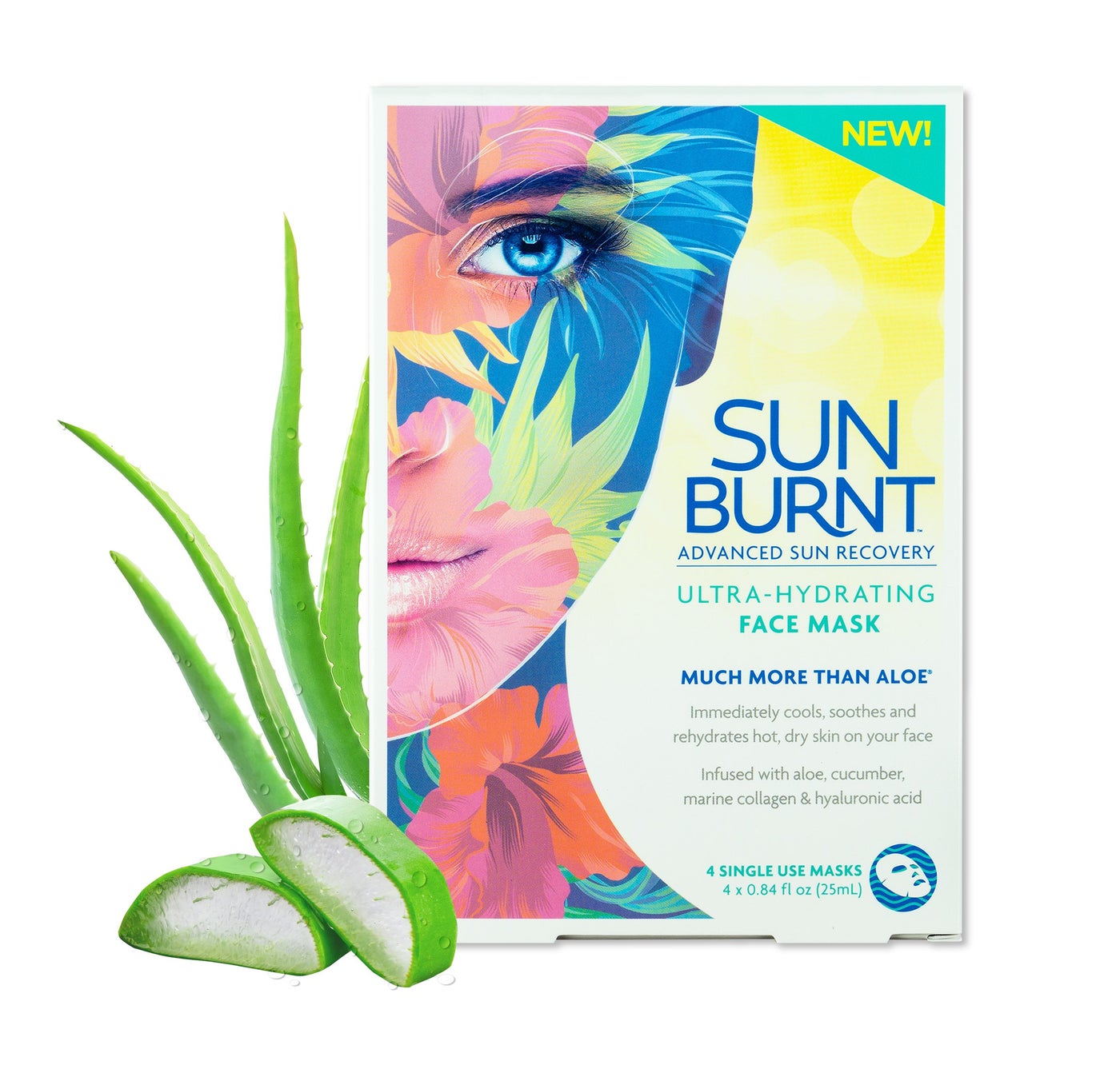 Sunburnt Ultra-Hydrating Face Sheet Mask, Advanced Sun Recovery, Treat Dry Sun Damaged Skin, For After Sun Exposure, Much More than Aloe, Soothes and Rehydrates Hot Dry Skin (4 single use masks)