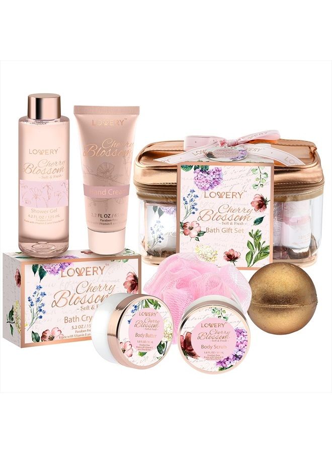 Bath and Body Gift Basket For Women, Cherry Blossom Home Spa Set, Body Lotion, Shower Gel, Extra Large Bath Bomb, Body Butter, Body Scrub, Bath Crystal, Puff & Rose Gold Cosmetic Bag