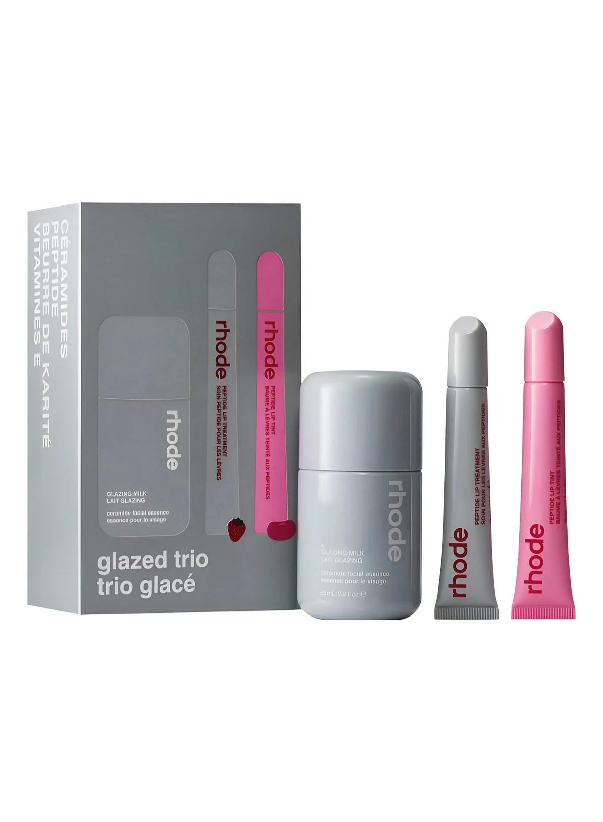 Rhode Glazed Trio Set Glazing Milk, Peptide Lip Treatment Strawberry Glaze & Peptide Lip Tint Jelly Bean