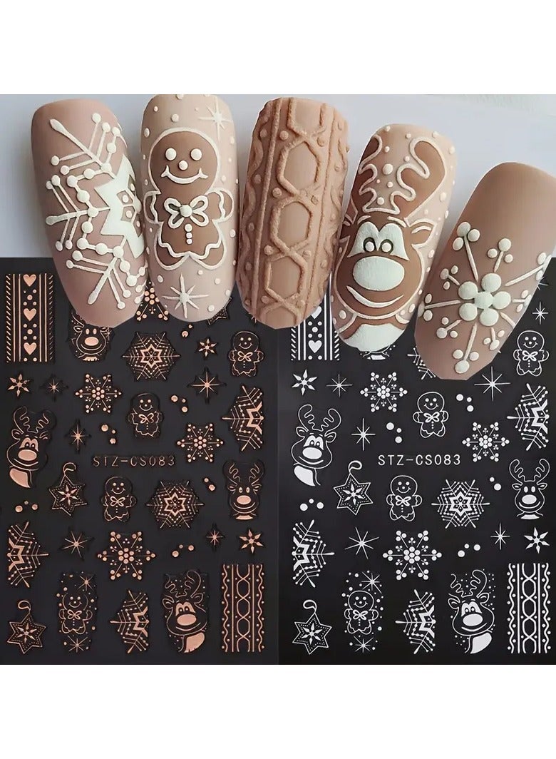 3D Nail Stickers Set of 2 - Rose Golden Cartoon Reindeer, Snowflake Decals, Holographic Tree Design - Self-Adhesive Paper Manicure Decor with Glitter Finish for Festive Nail Art