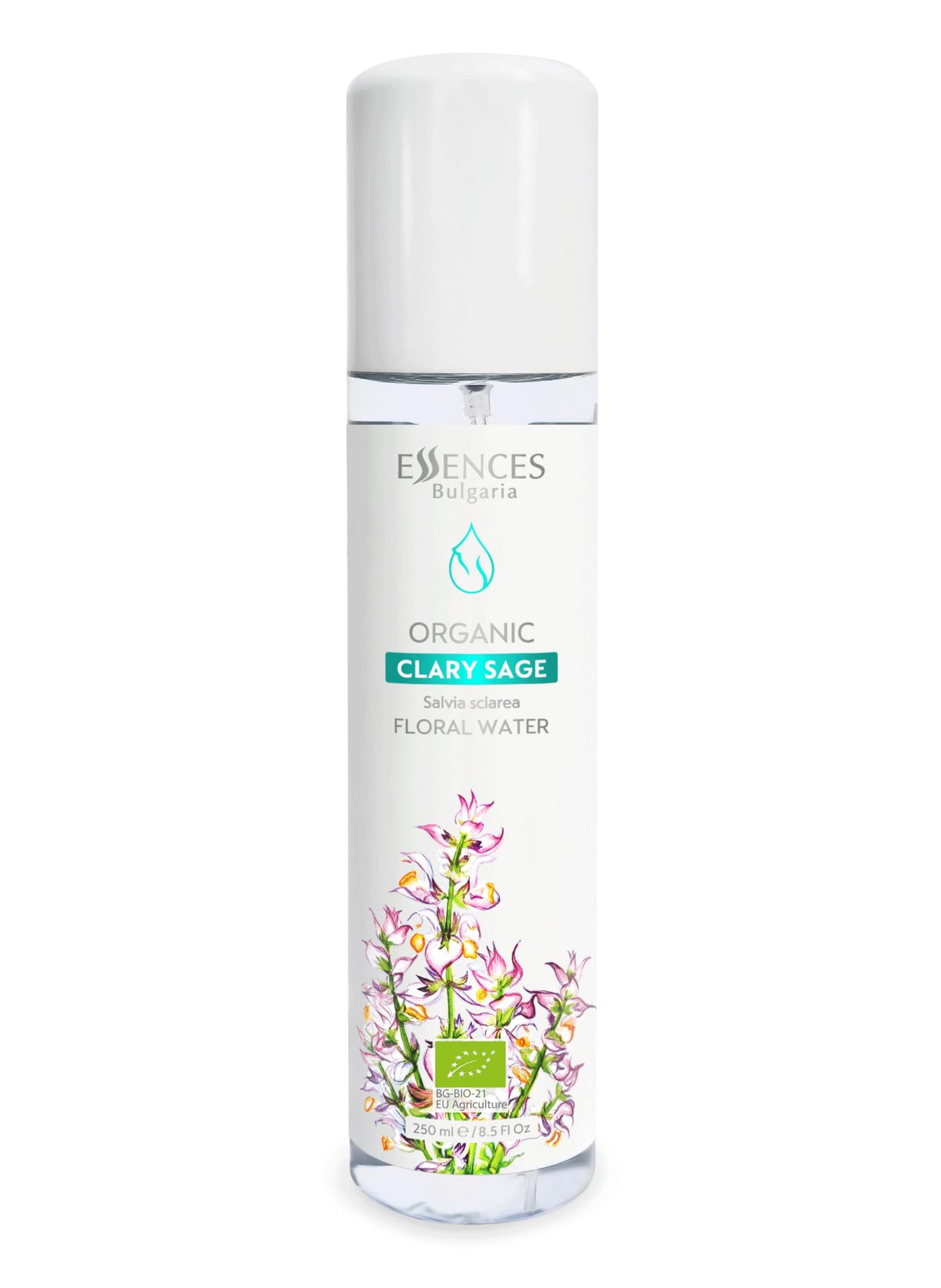 Organic Clary Sage Floral Water 8.5 Fl Oz | 250ml | 100% Natural, Spray for face, Body, Hair, Anti-Age Refreshing Beauty Mist | Makeup Remover | Alcohol-Free | Hydrating | Vegan 250ml