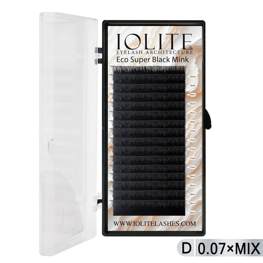 Iolite Super Black Mink Lash Extension – D Curl 0.7T Mix (6mm–15mm) | Premium Black Mink Eyelash Extension Tray for Lash Artists ISBMD7T