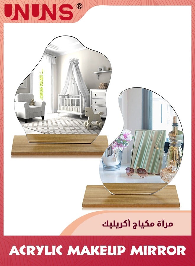 Acrylic Makeup Mirror,2 Styles Of Vanity Mirror,Room Decor Aesthetic Mirror With Wooden Stand,Frameless Tabletop Mirror,Standing Irregular Mirror For Bedroom/Living Room/Minimal Spaces Room Decor