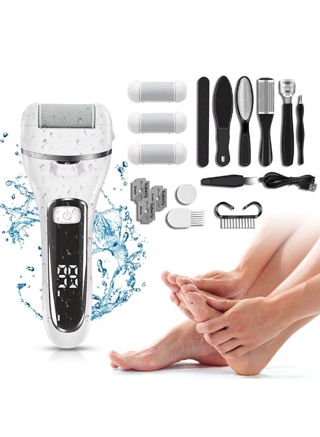 Electric Callus Remover for Feet with Rechargeable Waterproof 22 in 1 Professional Pedicure Kit Foot Care Tools Wet & Dry Foot File For Dead Skin&Cracked Heel or Rough Hand With 3 Roller Heads 2 Speed
