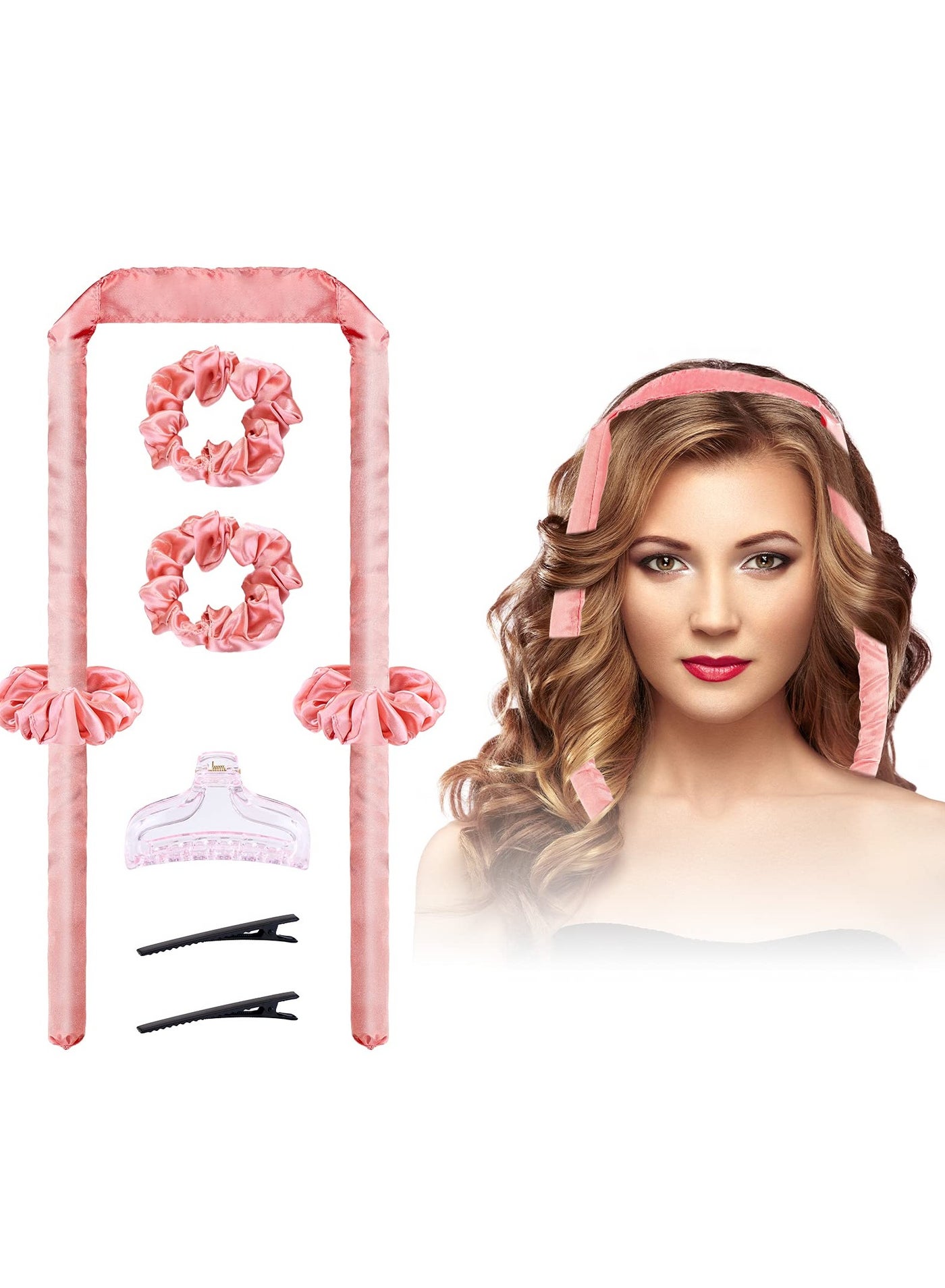 Heatless Hair Curler, Curling Headband with Segmented Design Without Heating Wire, Overnight Curling Iron Does Not Disturb Sleep, Silk Curling Ribbon with Rubber Band and Clip