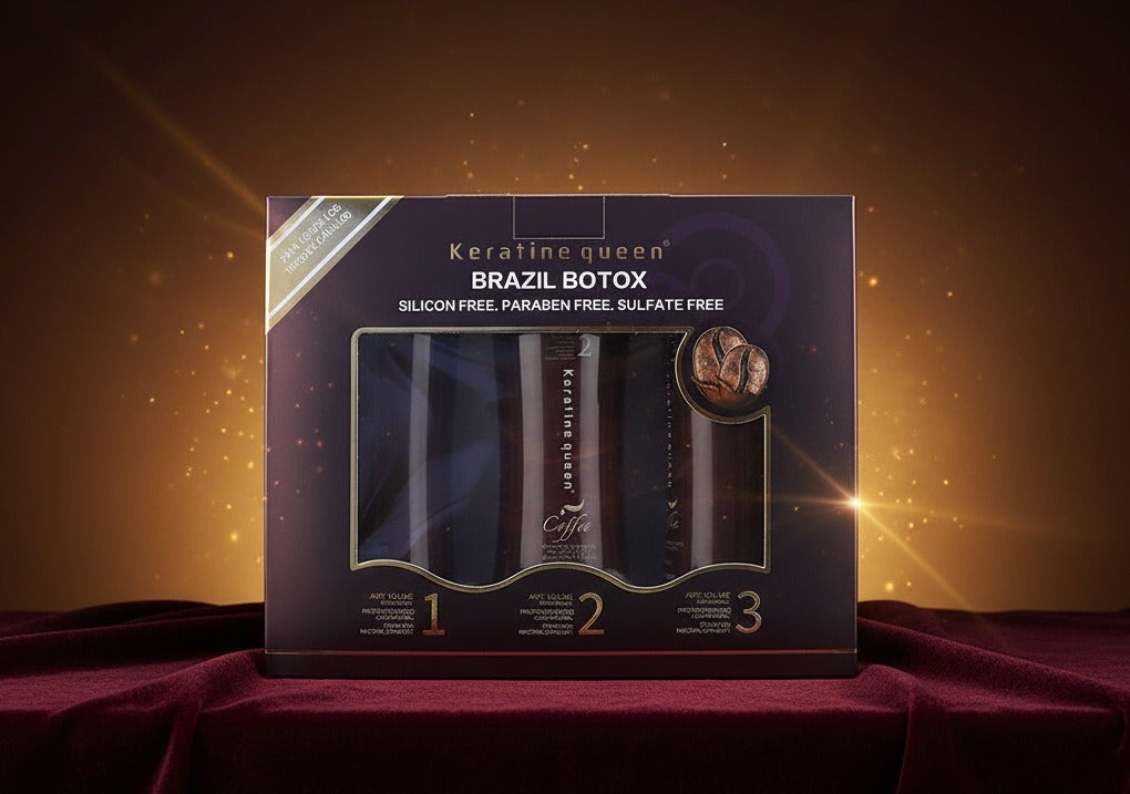 Keratine Queen Brazil Botox Hair Treatment Set, Coffee, Silicon Free, Paraben Free, Sulfate Free, Anti-Volume, 3-Step System for All Hair Types