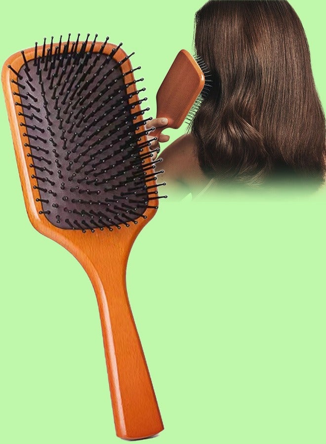 Wooden Paddle Hairbrush for Scalp Massage and Hair Growth Anti Frizz and Static Free for Thick Thin Curly and Dry Hairbrush Detangler Wooden Brush for Women Men and Kids Paddle Detangling Brush