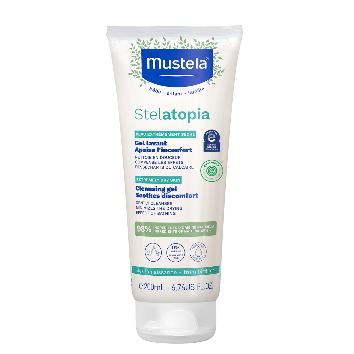 Mustela Stelatopia Eczema-Prone Skin Cleansing Gel - Baby Face & Body Wash with Natural Avocado & Sunflower Oil - Fragrance-Free & Tear Free - 6.76 fl. oz.