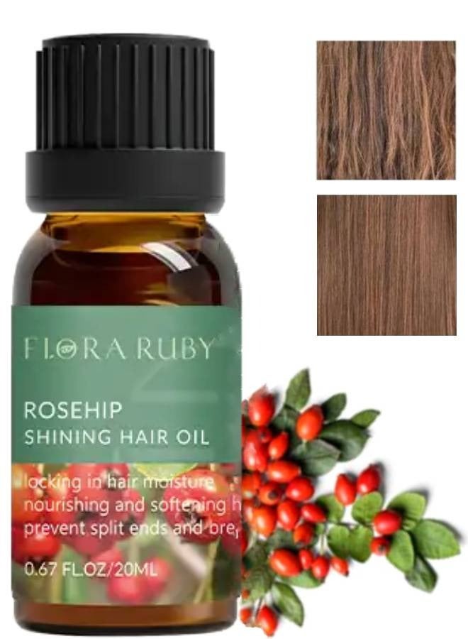 Rosehip Shining Hair Oil Locking in Hair Moisture Nourishing and Softening Hair Strand Prevent Split Ends and Breakage Hair Loss Treatment Stimulates Hair Growth Scalp Massager Rosehip Oil 20ml