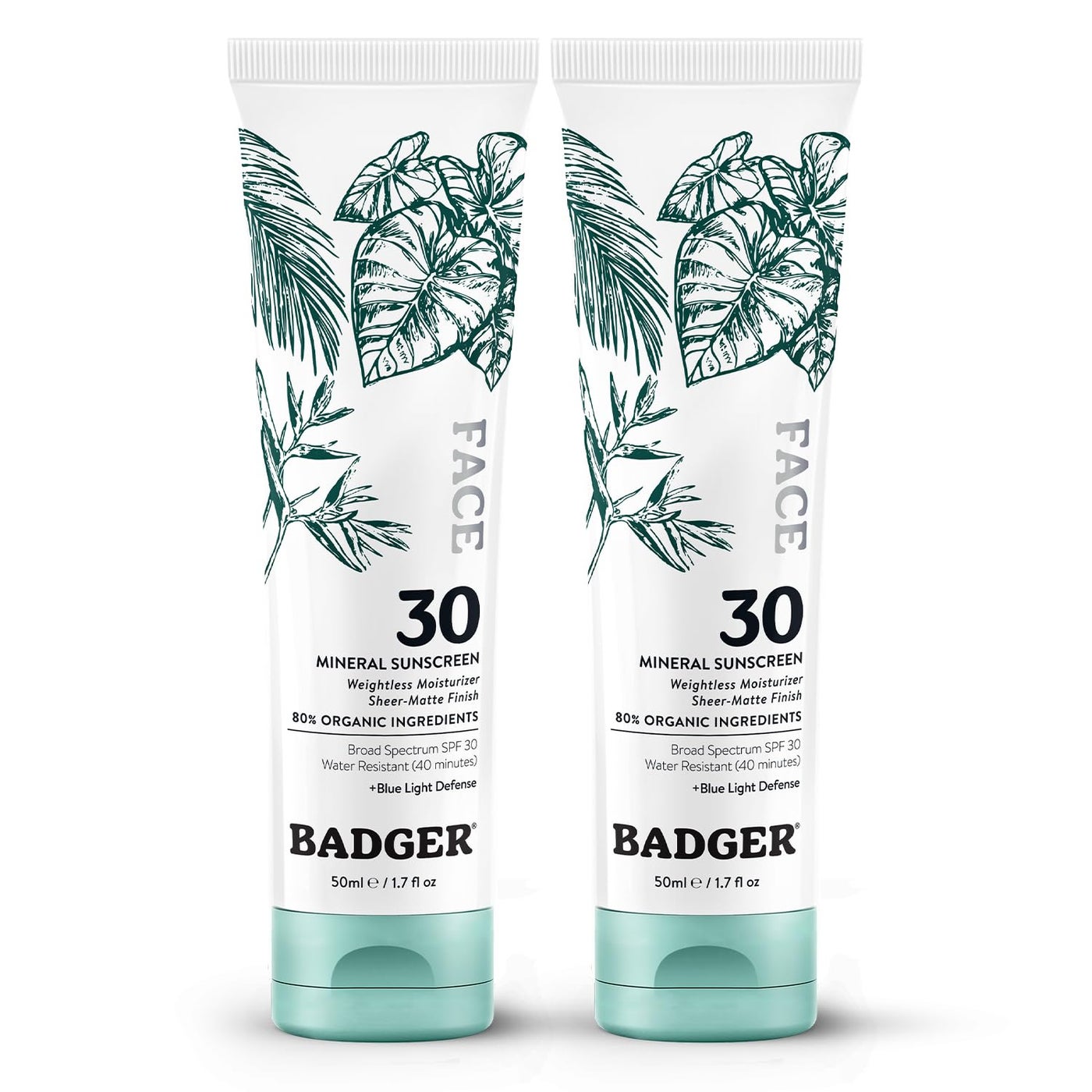 Badger Zinc Oxide Face Sunscreen SPF 30, Lightweight Mineral Sunscreen for Face, Matte Finish, No White Cast, Vegan, Water Resistant, Unscented, Mineral Sunblock Facial Lotion, 1.7 fl oz, 2-Pack