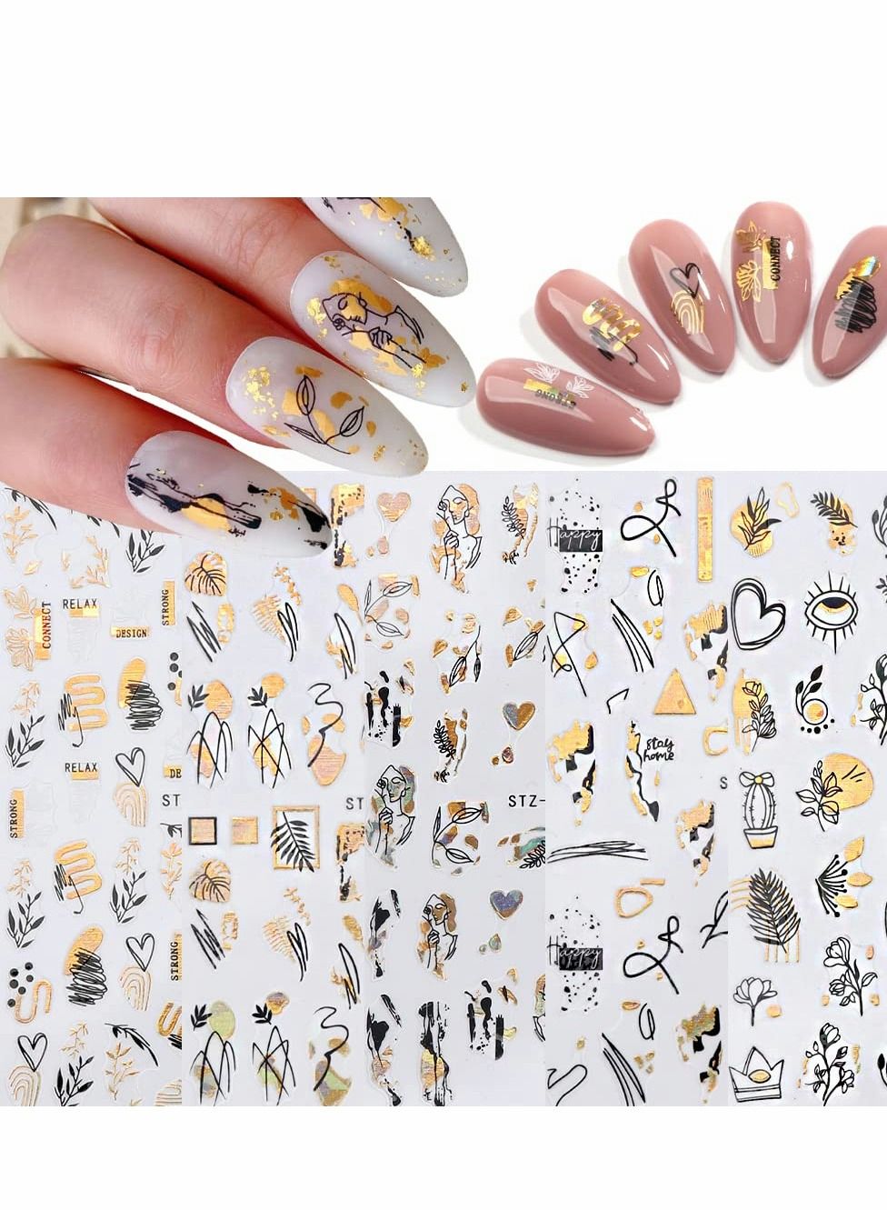 Black Gold Flower Nail Art Stickers Decals, 8 Sheets Abstract Leaves Decals 3D Metallic Self-Adhesive Graffiti Leaf Lady Face Line Heart Cactus Design Manicure Tips Decoration for Women Girls Kids