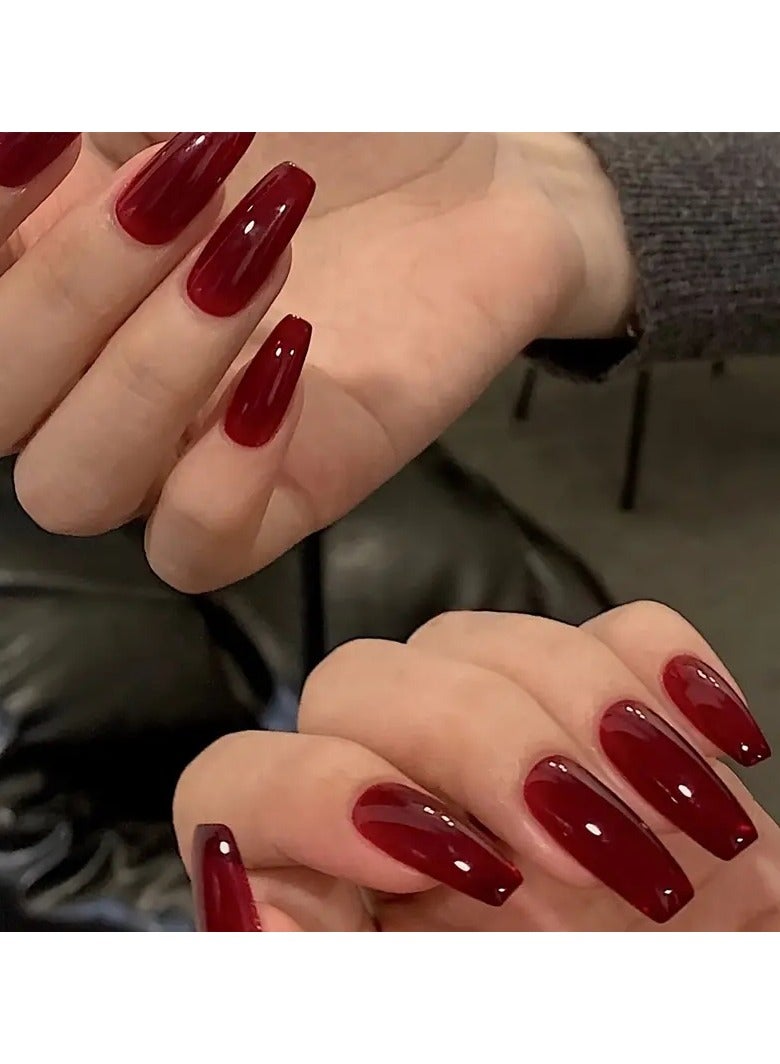 24 pcs Ice Through Red Nail Art Tip with Glue Included - Full Cover Medium Ballet Press On Nails for Nail Salons and Women DIY - Stunning Red Nail Art Tip for a Glamorous Look
