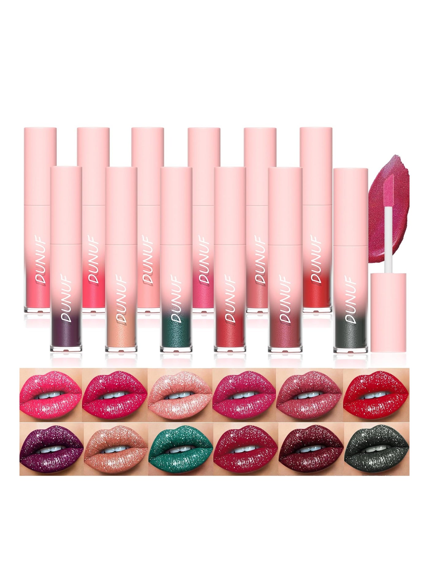 12 Colors Matte to Glitter Liquid Lipstick Set Diamond Sparkly Lip Gloss Shimmer 24 Hour Long Lasting Waterproof Makeup Gift Kit