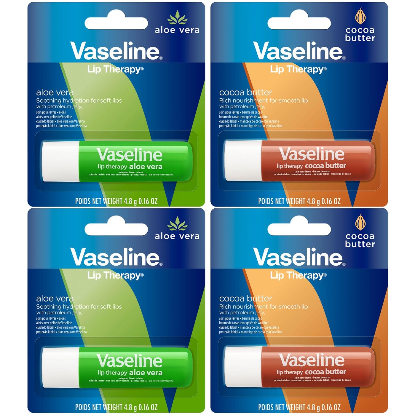 Vaseline Lip Therapy Variety 4-Pack â€“ Cocoa Butter + Aloe Vera Moisturizing Lip Balm with Vitamin E, 0.16 Oz Ea