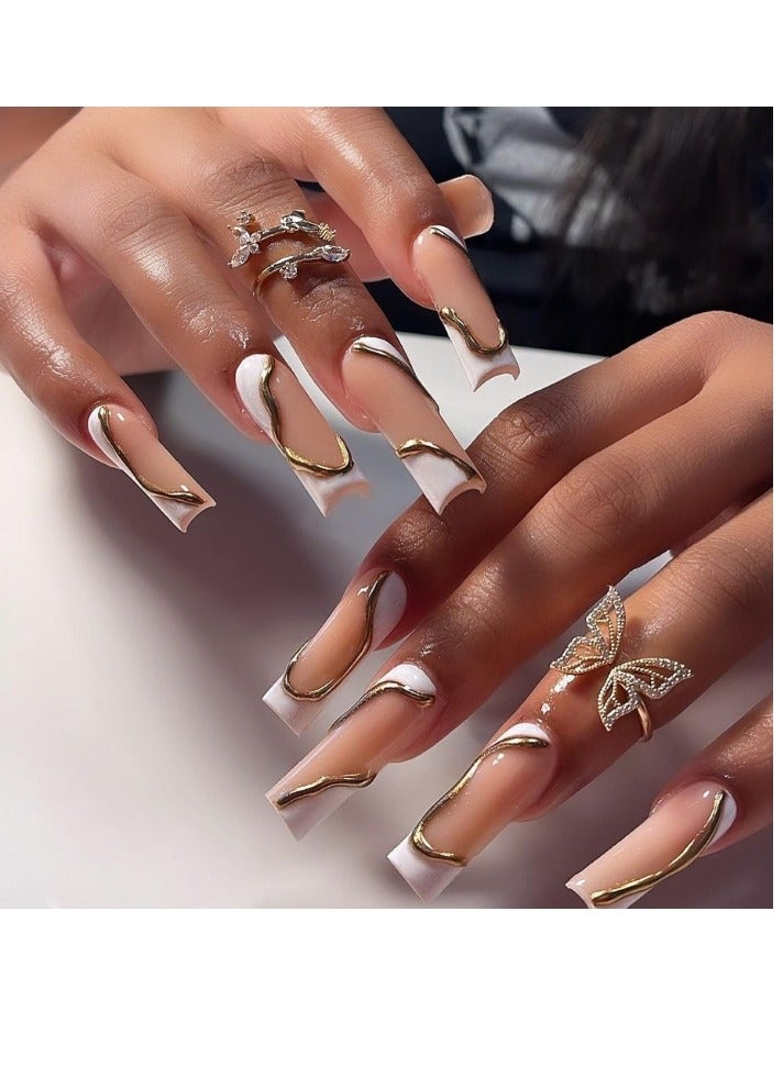 24pcs Long Square Shape Nails  French Stripe Press On Nails Acrylic Nails Fake Nails Artnail Tips Acrylic Nails 3d  Perfect For Everyday Wear