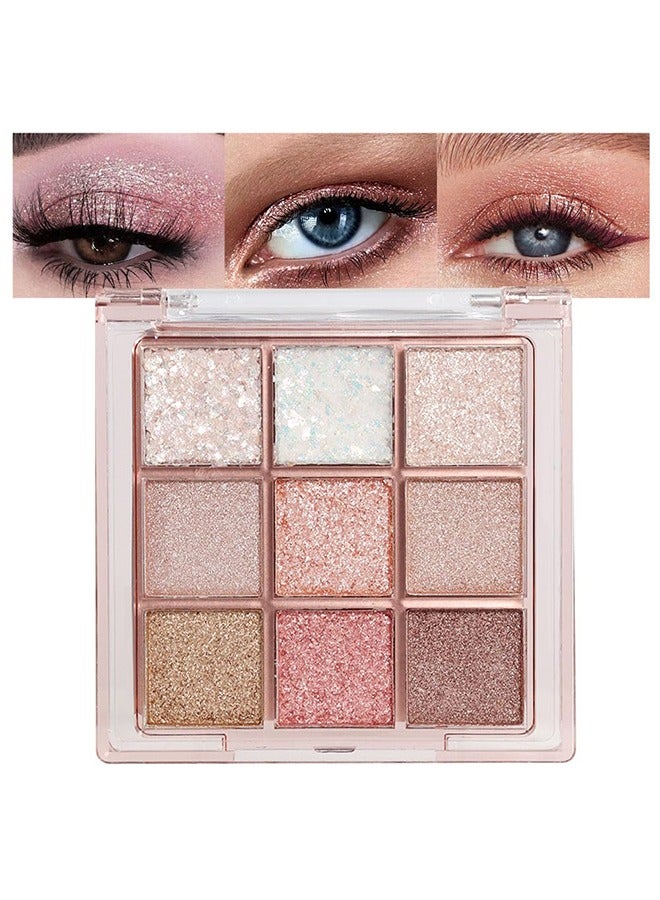 9 Colors Glitter Eyeshadow Palette,Pink White Gold Glitter Shimmer Sparkly Eye Shadow Palette Makeup,Warm Pastel Eyeshadows Palette Long Lasting Waterproof Naturing-Looking Women Girls Eye Shadow