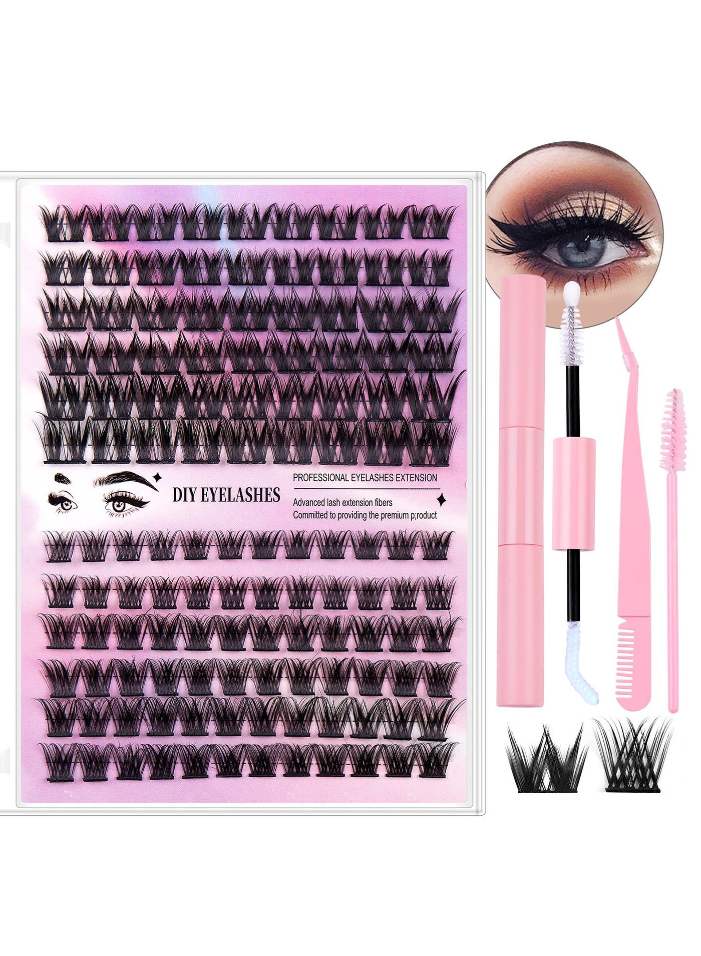 126 Pack Lashes Extension Kit Lash Cluster with Waterproof Lash Bond and Seal and Cluster Lash Tweezers and Lash Brush Wispy Cluster Lashes DIY Eyelashes Extension Kit