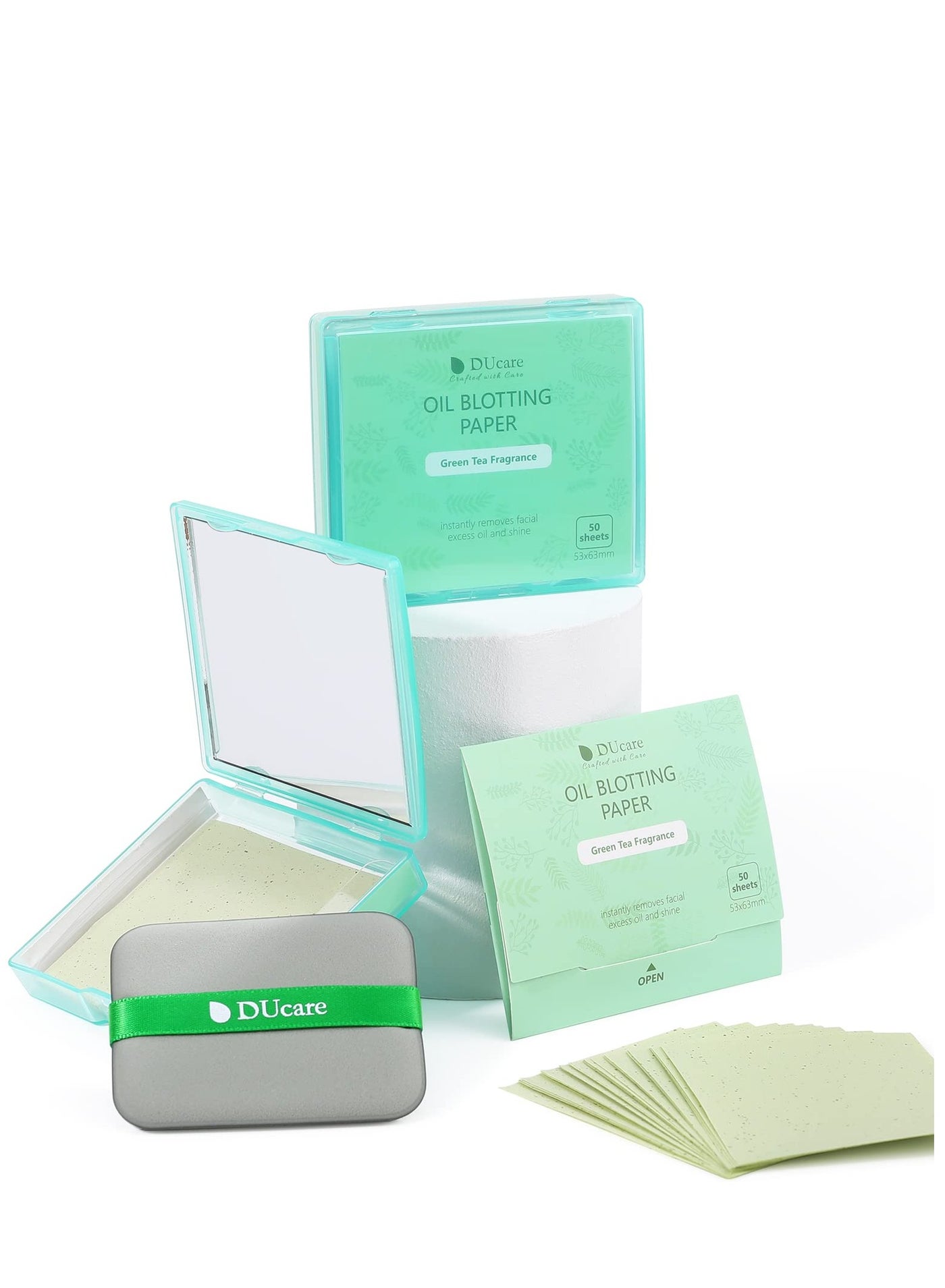 Green Tea Blotting Paper Compact with Mirror: 50 Sheets + 50-Sheet Refill Pack & Makeup Puff