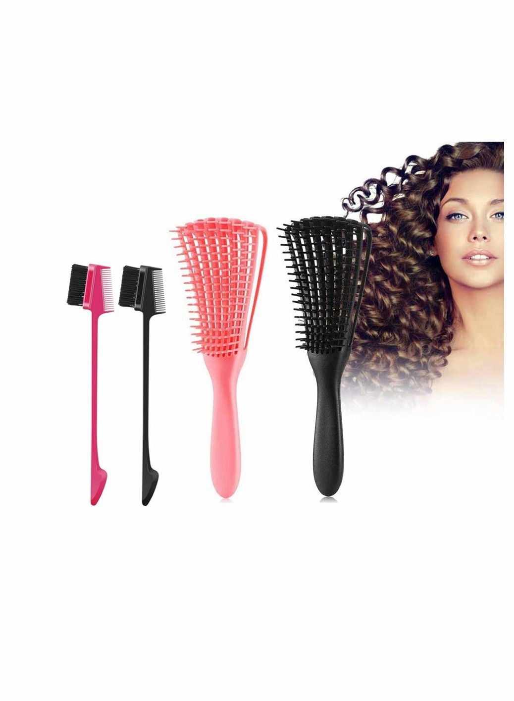 2 Pieces Detangling Brush Detangler and 2 Pieces Edge Brush Double Sided Hair Comb, Clean Knots for 3a to 4c Hair Textured Kinky Wavy Curly Wet Dry Oil Matted Hair (Black Pink)