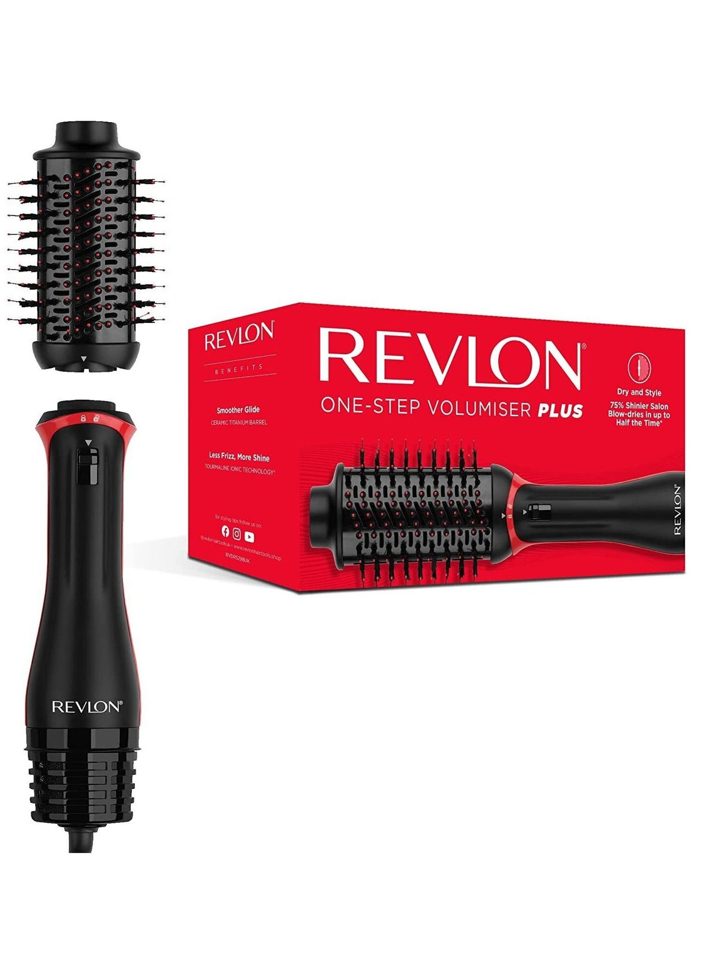 One-Step Volumiser Plus (Detachable Head, Ceramic Titanium Barrel, Mixed Styling Bristles with Activated Charcoal Pins, Tourmaline Ionic Technology)