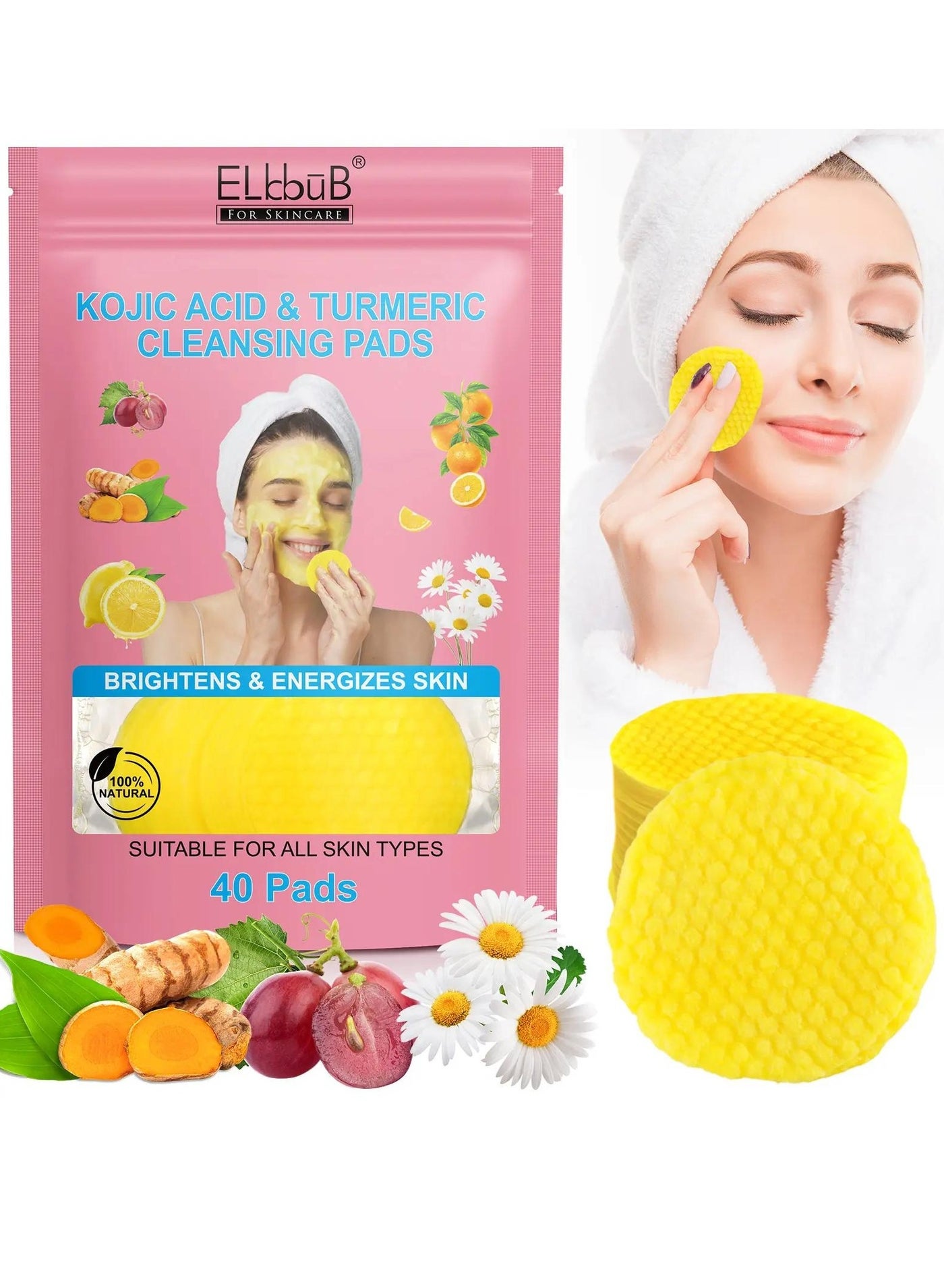40Pcs Kojic Acid and Turmeric Cleansing Pads for Dark Spots Helps Balance Skin Oil and Water Fade Spot Remove Excess Keratin Clean Oil Refines Pores Turmeric Kojic Acid Cleansing Pads
