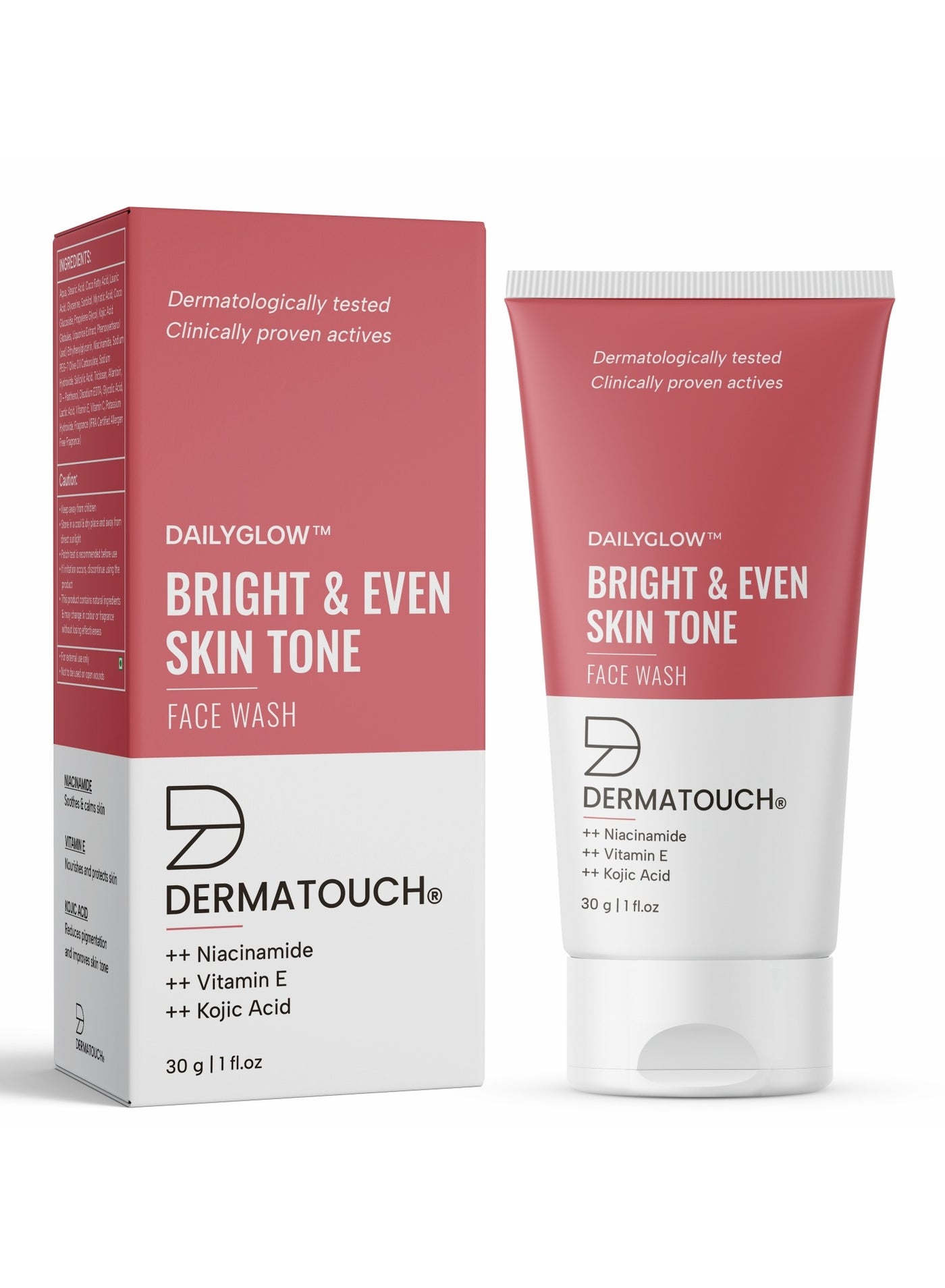DERMATOUCH Bright & Even Tone Face Wash with Niacinamide, Vitamin E and Kojic Acid | Daily Gentle Face Cleanser For Tan, Pigmentation, Uneven Tone - 30G