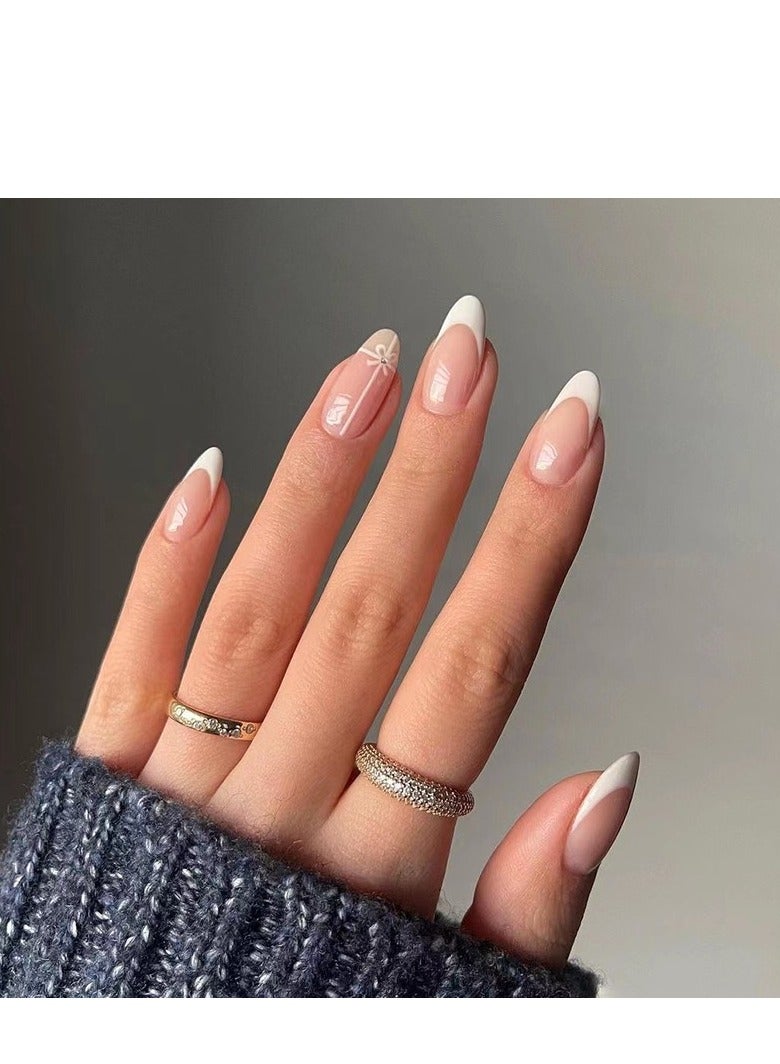 Press On Nails,24-Piece Minimalist French Floral Press-On Nails Set,Pink Gradient Nails With Some Small Gems Or Decorations Nails For Effortless Style And Sophisticated Look, Acrylic Nails With Glue Kit.