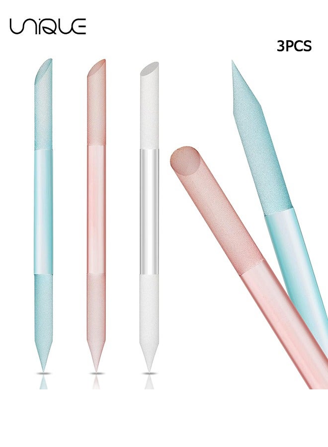 3Pcs Glass Nail Files, Crystal Cuticle Stick，Dual-ended Nail File Cuticle Remover Pedicure Tools for Natural Nails and Cuticles Care(Pink, Blue, Transparent)