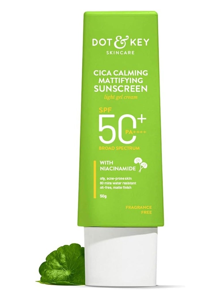 Dot & Key CICA Calming Mattifying Sunscreen SPF 50 PA++++ | For Oily Acne Prone & Sensitive Skin | UVA/UVB Protection | No White Cast, Ultra Light, Fragrance Free & Quick Absorbing