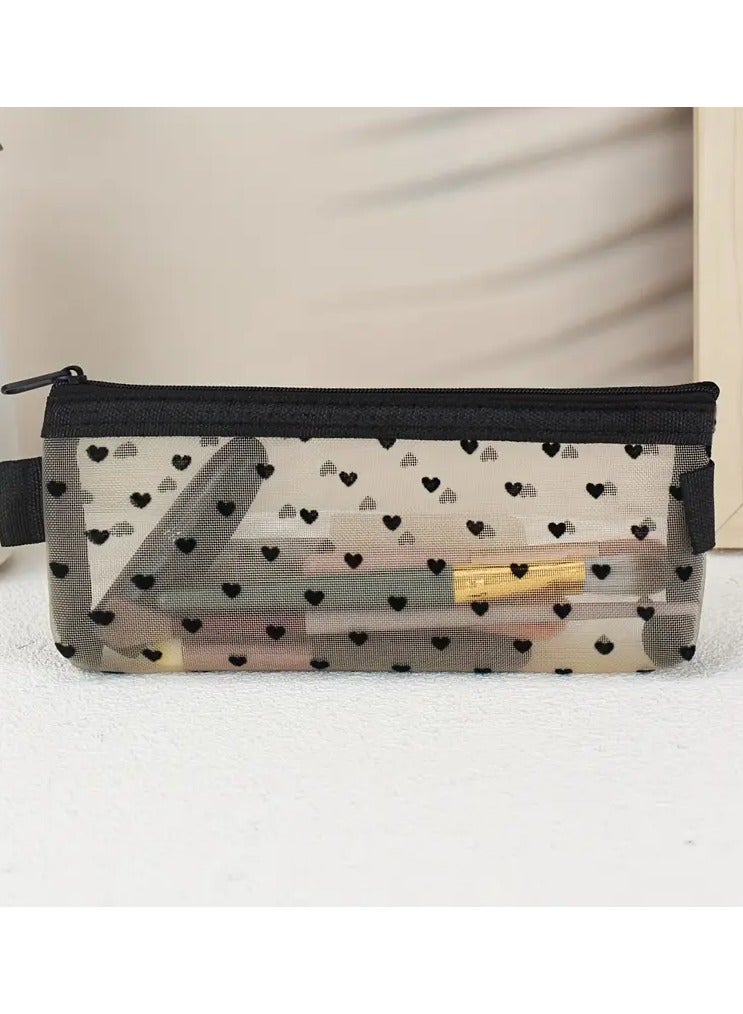 Heart Pattern Mesh Cosmetic Bag, Travel Portable Clear Makeup Brush Organizer, Women Lipstick Storage Pouch