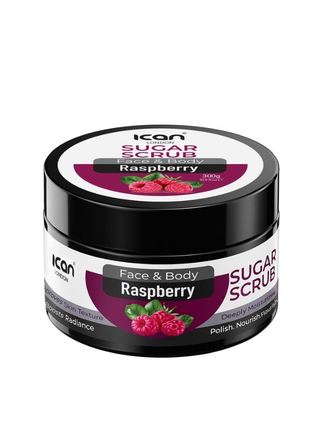 ICAN London Raspberry Sugar Scrub 300g | Face & Body Exfoliating Scrub for Brightening, Smooth & Radiant Skin