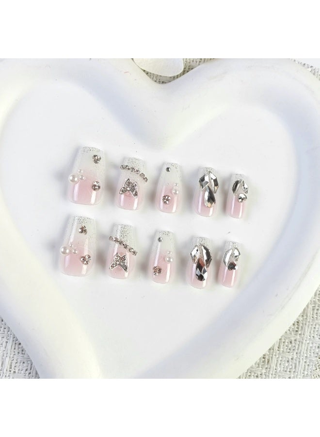 Spring Summer Handmade Press On Nails – INS Style Cat Eye Rhinestone Medium Long False Nail Tips 24Pcs, Reusable